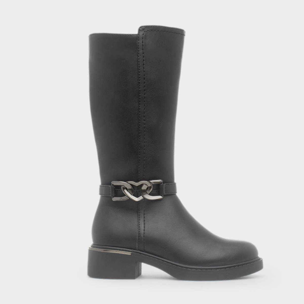 Girls Black Knee Up Heart Buckle Boot