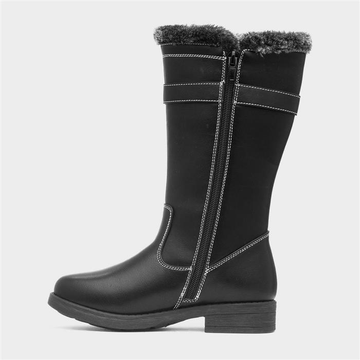 Girls Black Faux Fur Zip Up Calf Boot