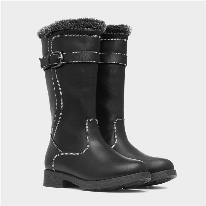 Girls Black Faux Fur Zip Up Calf Boot