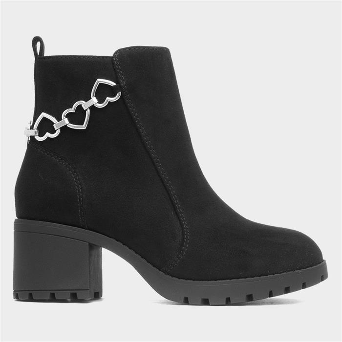 Girls Black Heeled Zip Up Heart Boot