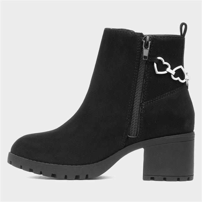 Girls Black Heeled Zip Up Heart Boot