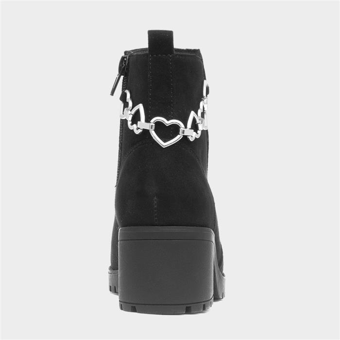 Girls Black Heeled Zip Up Heart Boot