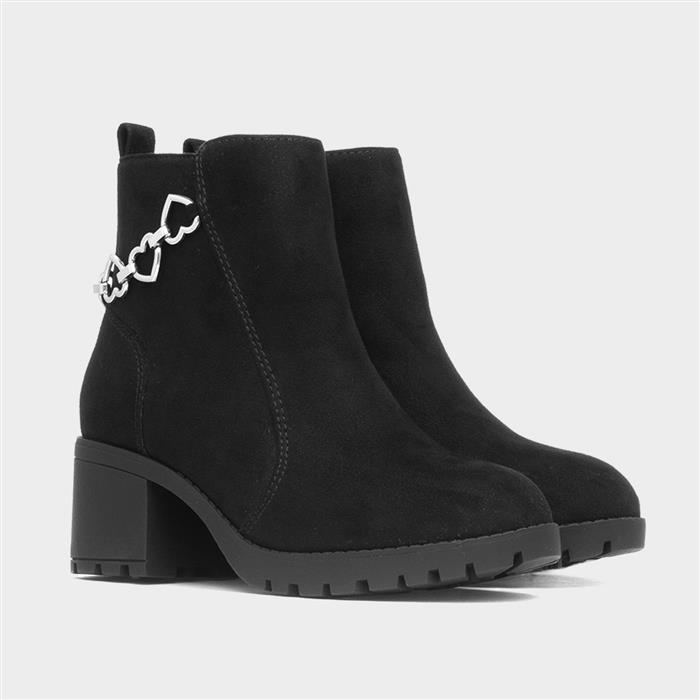 Girls Black Heeled Zip Up Heart Boot