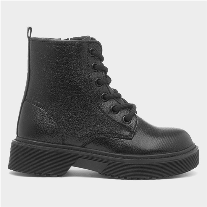 Girls Black Lace Up Zip Up Ankle Boot