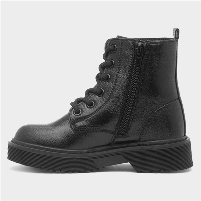 Girls Black Lace Up Zip Up Ankle Boot