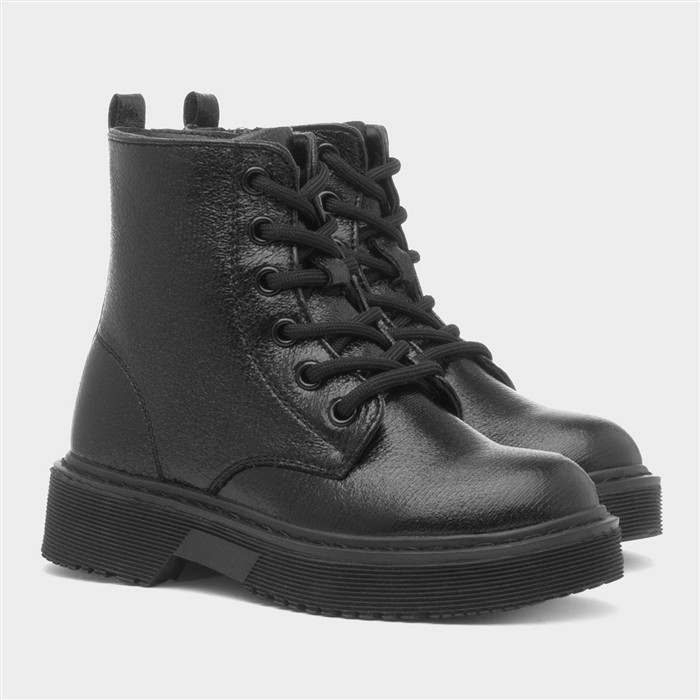 Girls Black Lace Up Zip Up Ankle Boot