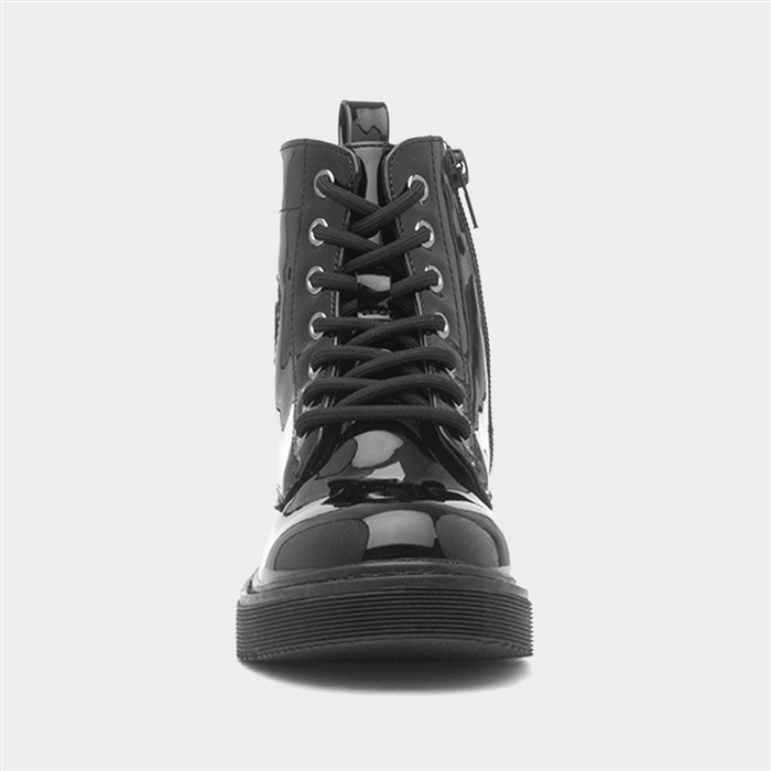 Girls Black Patent Lace Up Heart Boot