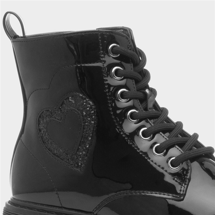Girls Black Patent Lace Up Heart Boot