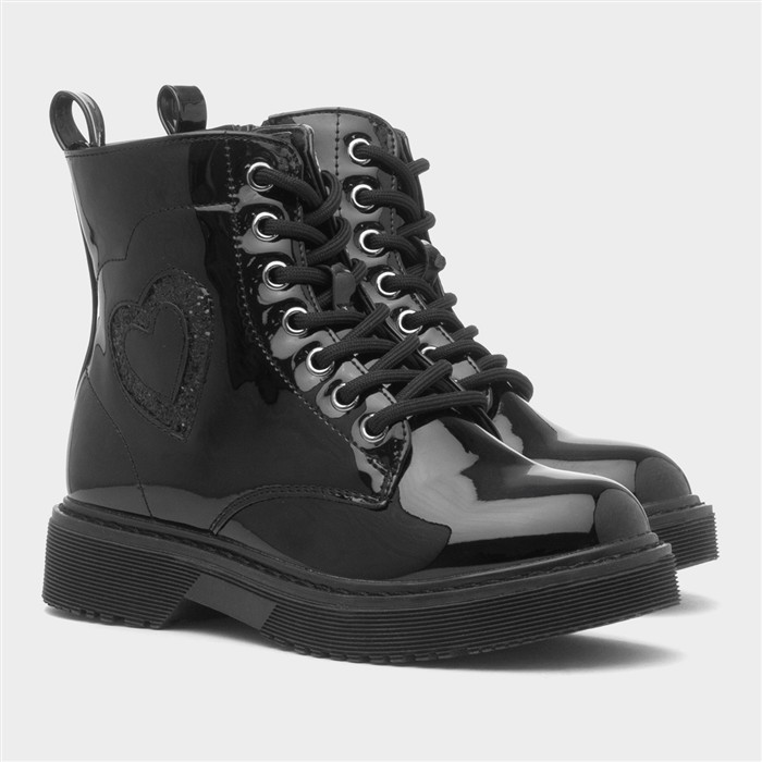 Girls Black Patent Lace Up Heart Boot