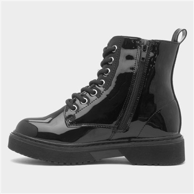 Girls Black Patent Lace Up Heart Boot