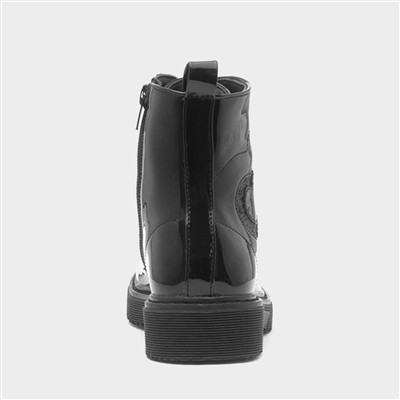 Girls Black Patent Lace Up Heart Boot