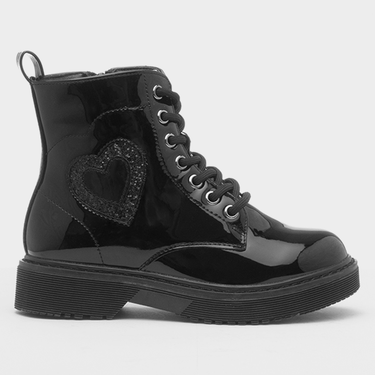 Girls Black Patent Lace Up Heart Boot