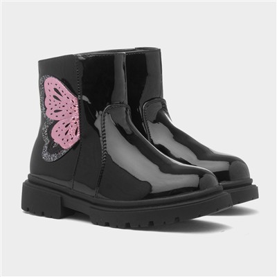 Girls Black Patent Butterfly Ankle Boot