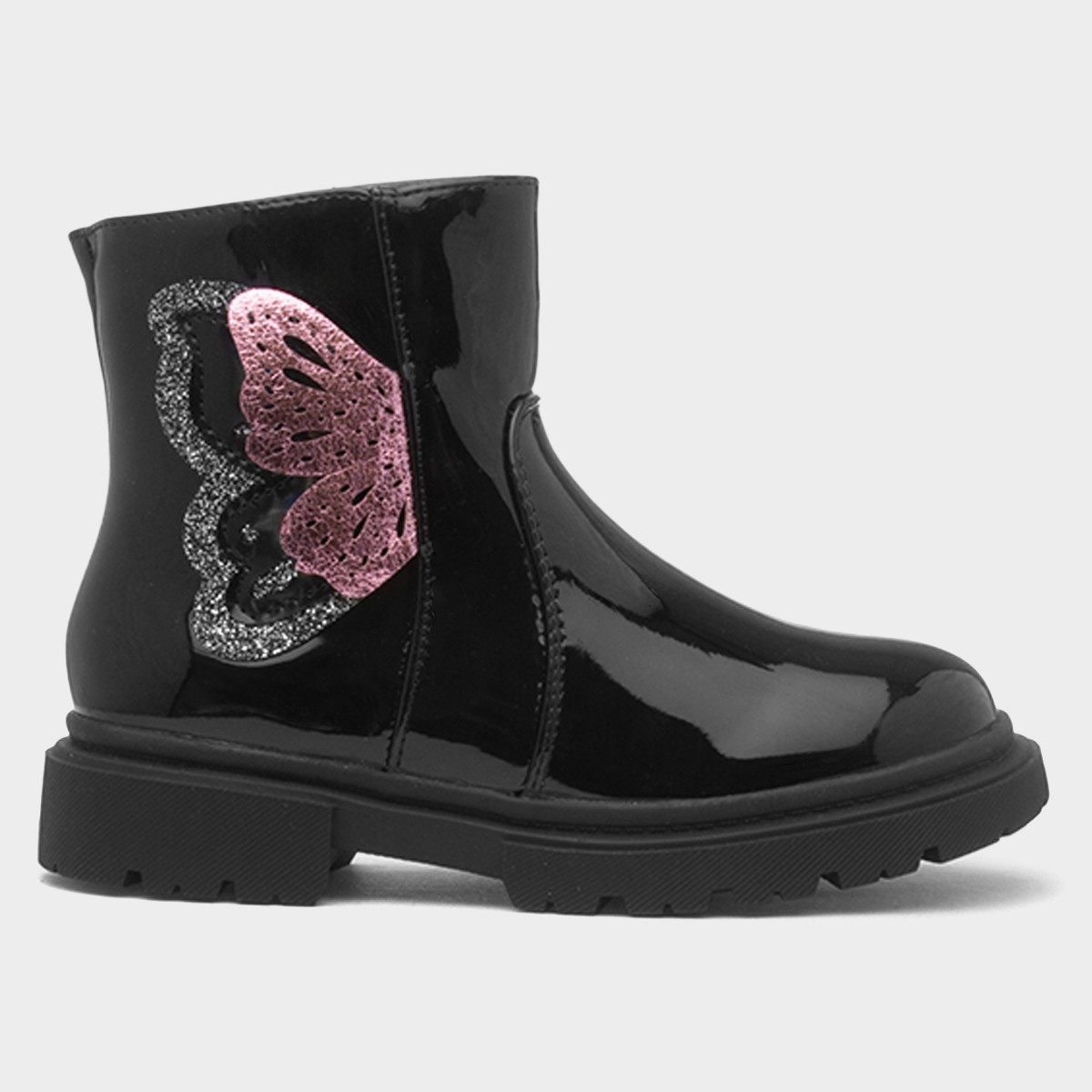 Girls Black Patent Butterfly Ankle Boot