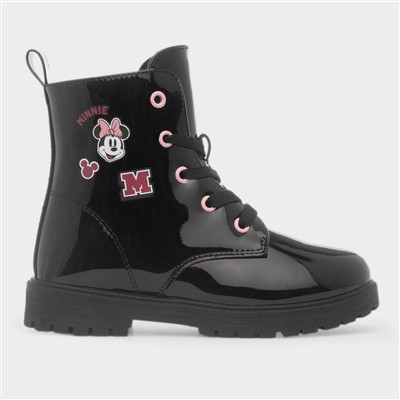 Kids Black Patent Lace Up Ankle Boot