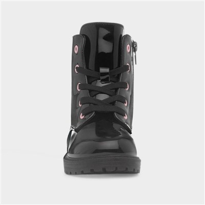 Kids Black Patent Lace Up Ankle Boot
