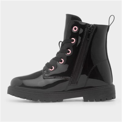 Kids Black Patent Lace Up Ankle Boot