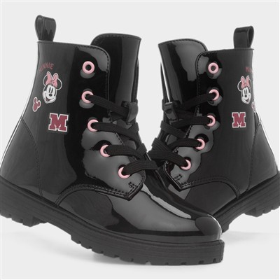 Kids Black Patent Lace Up Ankle Boot