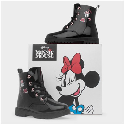 Kids Black Patent Lace Up Ankle Boot