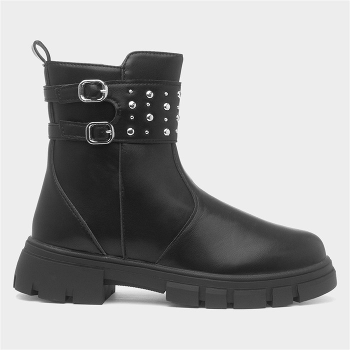 Girls Black Ankle Zip Up Chunky Boot
