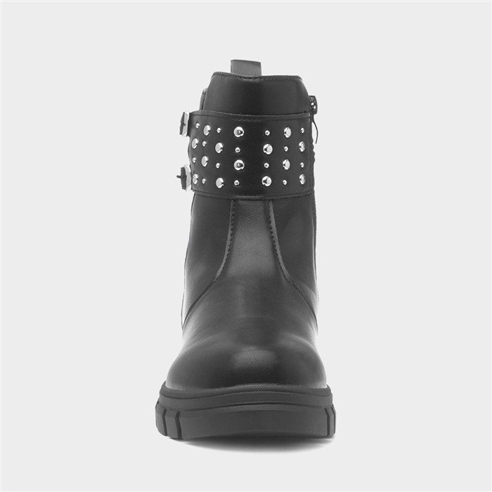 Girls Black Ankle Zip Up Chunky Boot