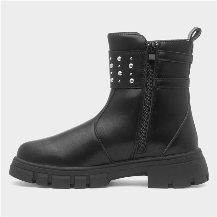 Girls Black Ankle Zip Up Chunky Boot