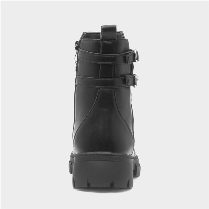 Girls Black Ankle Zip Up Chunky Boot