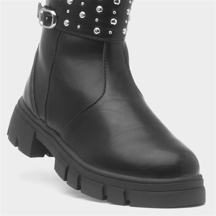 Girls Black Ankle Zip Up Chunky Boot