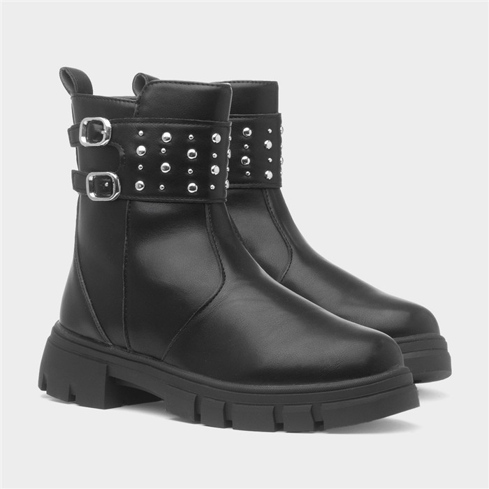 Girls Black Ankle Zip Up Chunky Boot