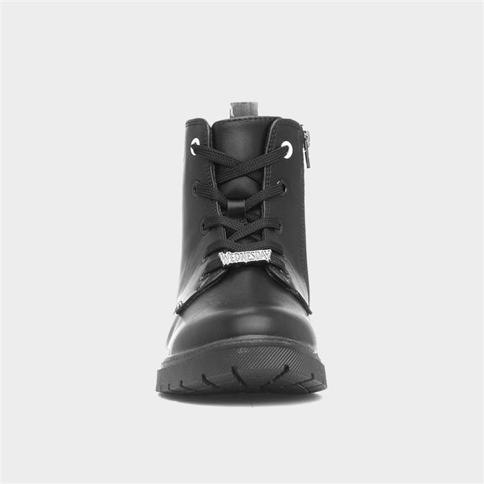 Kids Black Lace Up Zip Up Ankle Boot