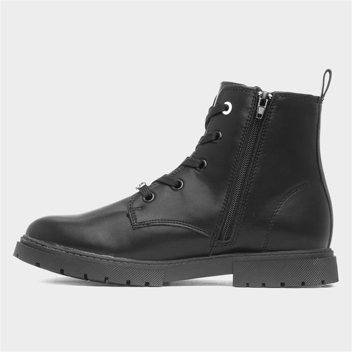 Kids Black Lace Up Zip Up Ankle Boot