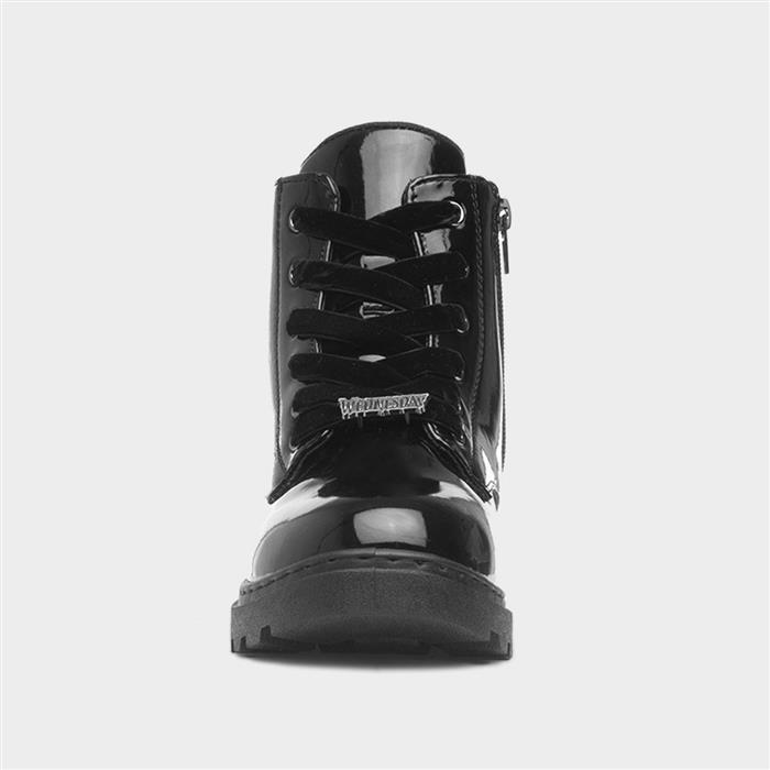 Kids Black Patent Lace Up Ankle Boot