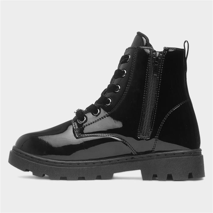 Kids Black Patent Lace Up Ankle Boot
