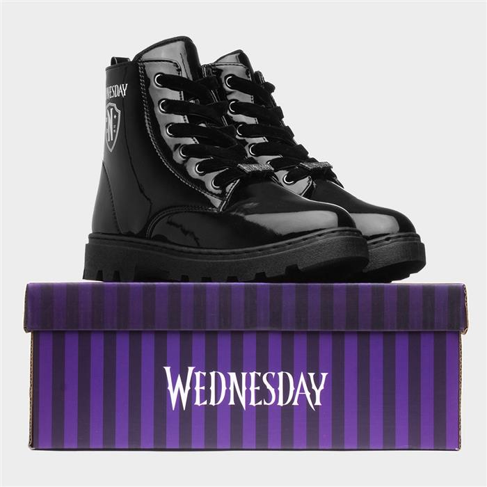 Kids Black Patent Lace Up Ankle Boot