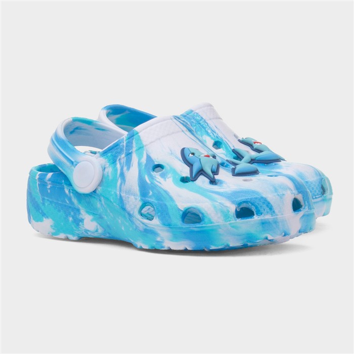 Kids Blue & White Marble Shark Slip On EVA Clog