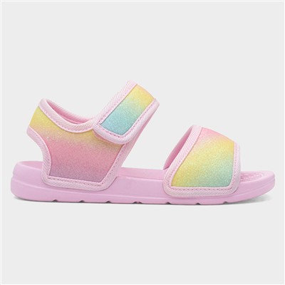 Girls Pink Easy Fasten Rainbow Glitter Flat Sandal