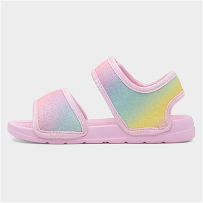 Girls Pink Easy Fasten Rainbow Glitter Flat Sandal