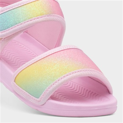 Girls Pink Easy Fasten Rainbow Glitter Flat Sandal