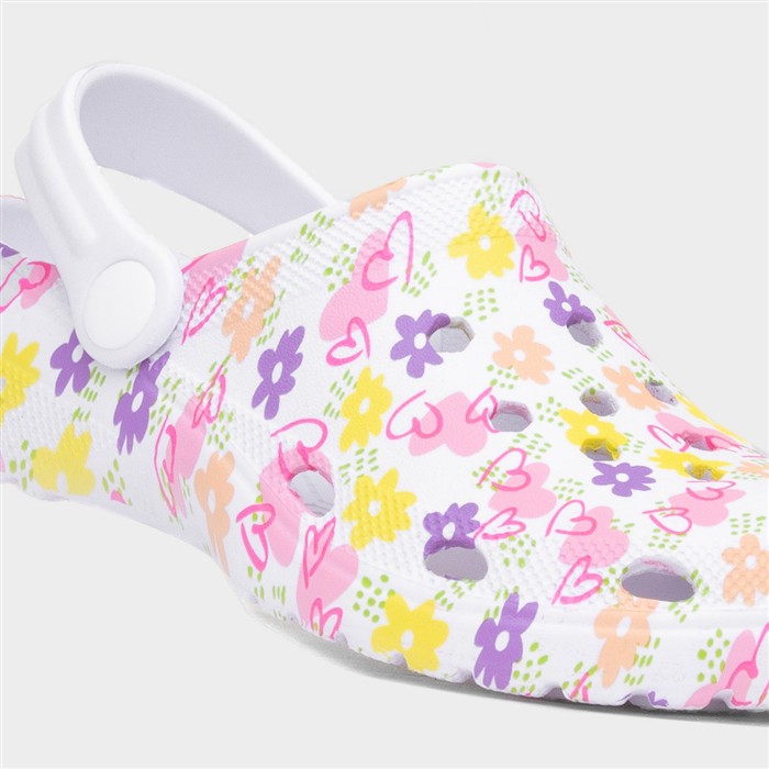 Girls White Flower Print Slip On EVA Clog