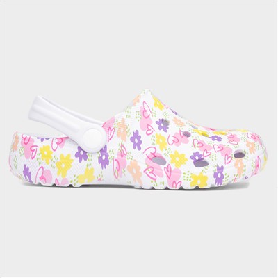 Girls White Flower Print Slip On EVA Clog