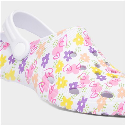 Girls White Flower Print Slip On EVA Clog