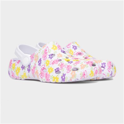 Girls White Flower Print Slip On EVA Clog