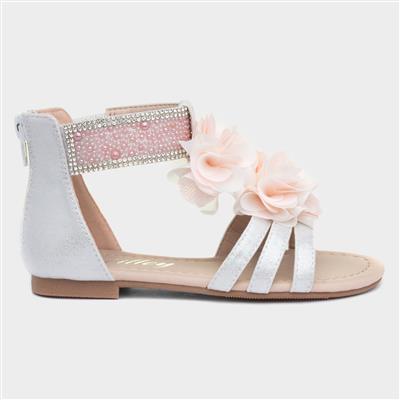 Girls White Shimmer Flower Sandal
