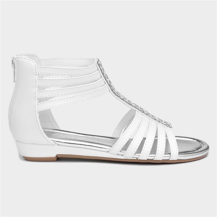Girls White Diamante Zip Up Strappy Sandal