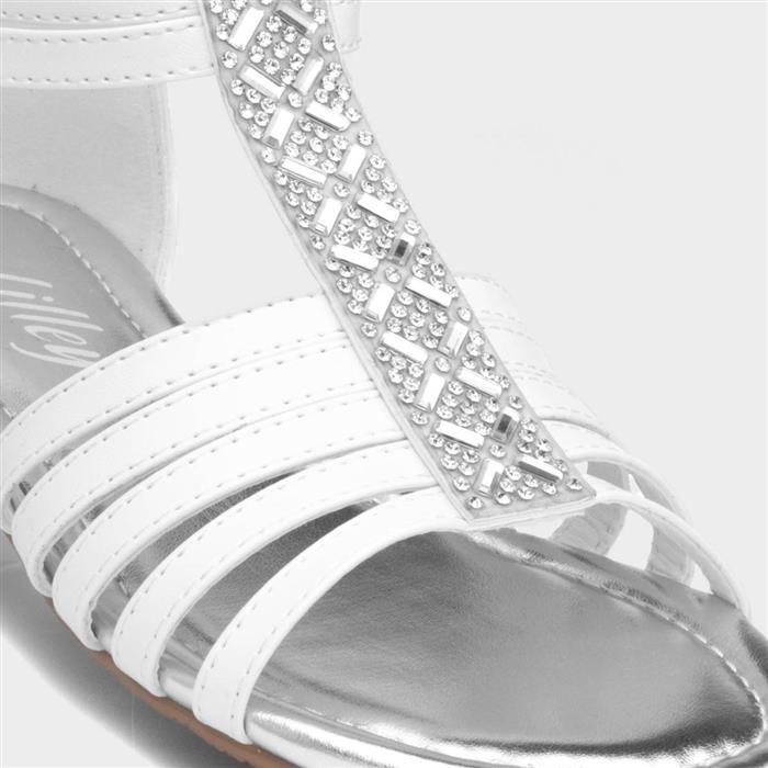 Girls White Diamante Zip Up Strappy Sandal