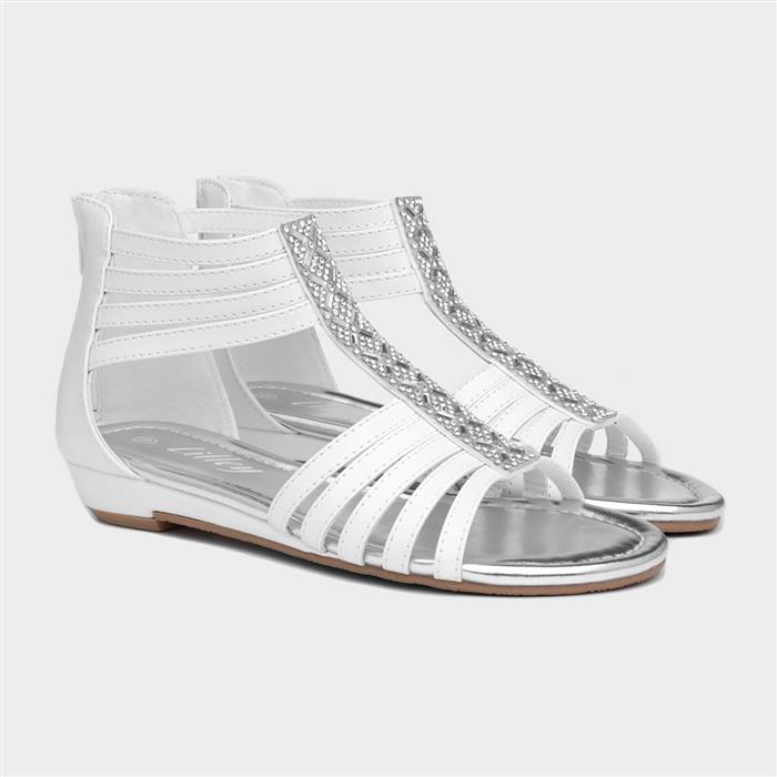 Girls White Diamante Zip Up Strappy Sandal