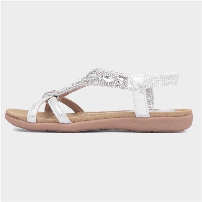 Girls Silver Diamante Open Toe Flat Sandal