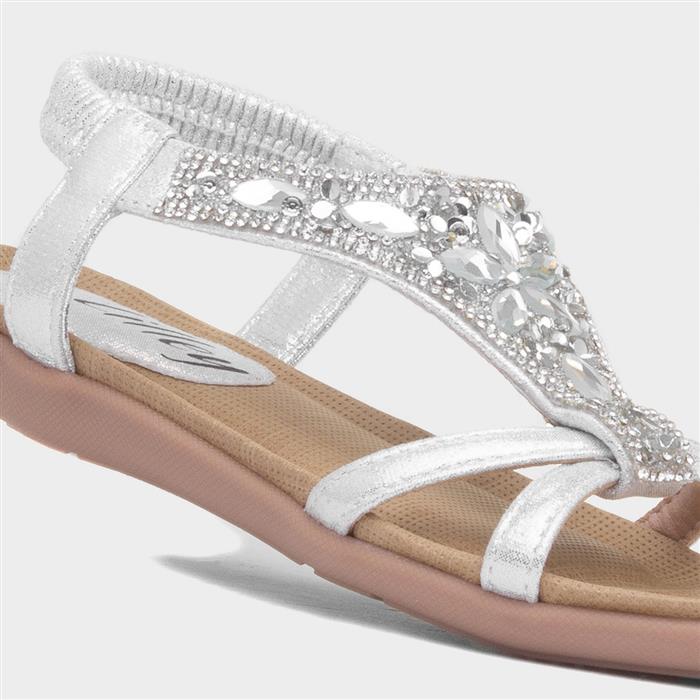 Girls Silver Diamante Open Toe Flat Sandal