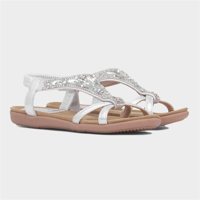 Girls Silver Diamante Open Toe Flat Sandal