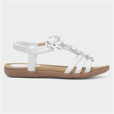 Girls White Diamante Flower Flat Sandal